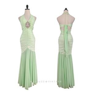 Vintage Cache Prom Dress Maxi Gown 8 Green Y2K Mermaid Fairy Halter Glam Empire